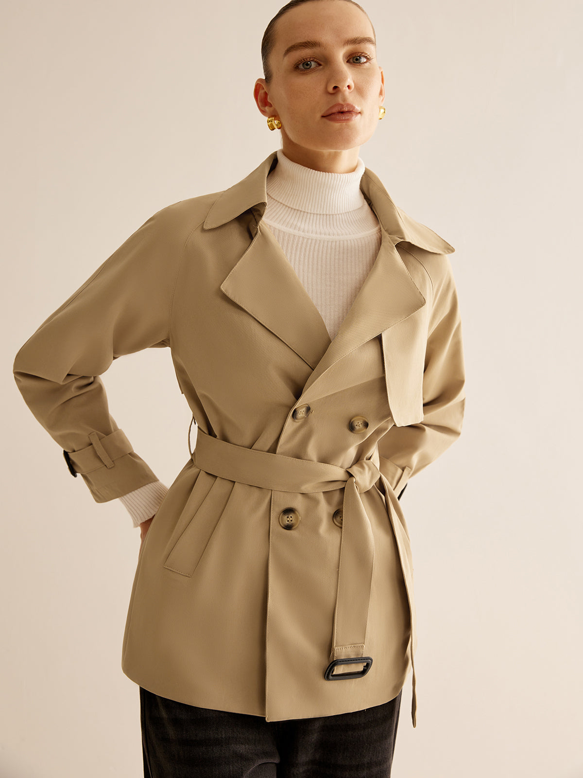 Buckle Design Lapel Belted Trench Coat