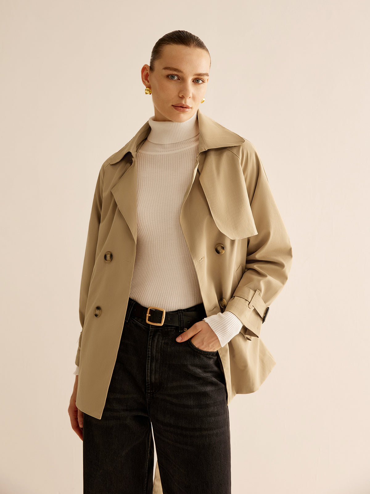 Buckle Design Lapel Belted Trench Coat